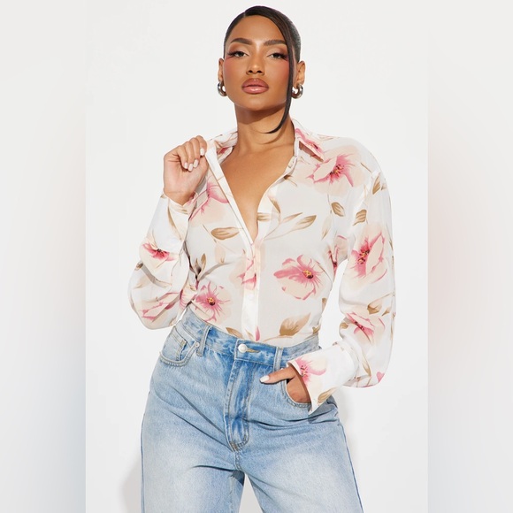 Sheer Floral Shirt - Ivory/Combo - Size Large - Picture 1 of 11